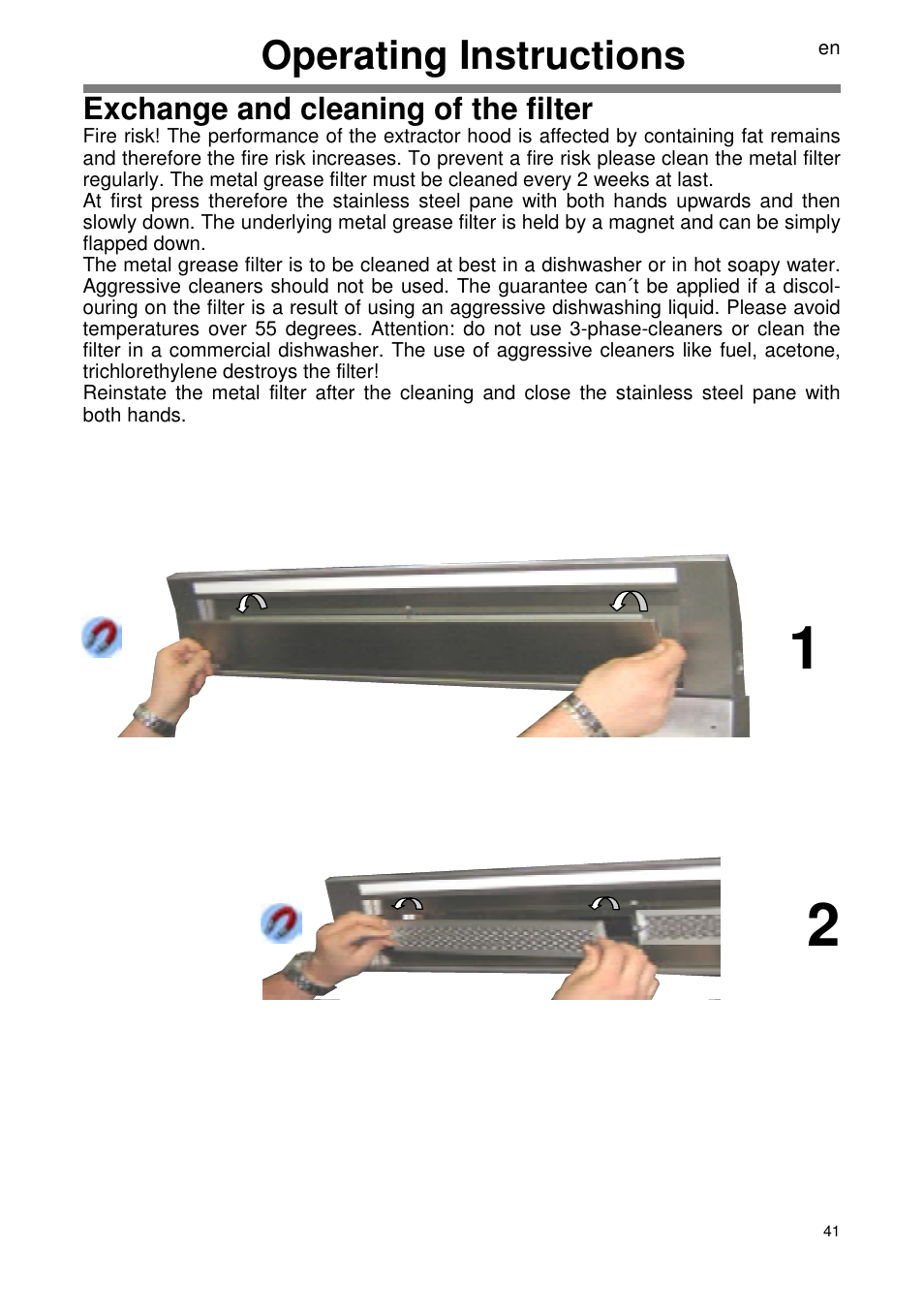 Operating instructions, Exchange and cleaning of the filter | ELICA SEAGULL User Manual | Page 41 / 44