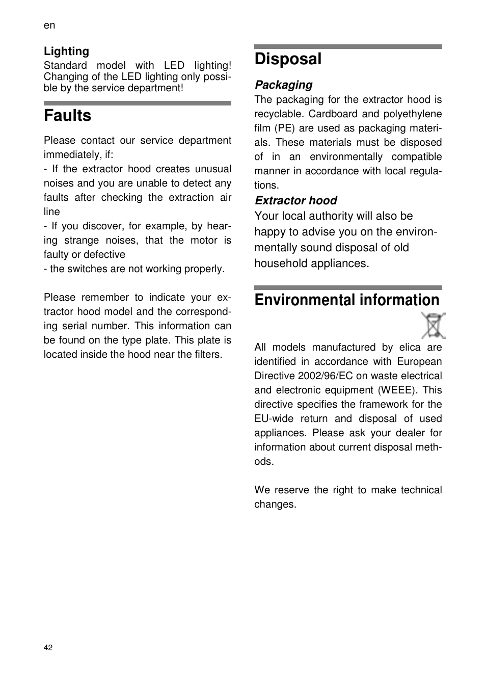 Faults, Disposal, Environmental information | ELICA SEAGULL User Manual | Page 42 / 44