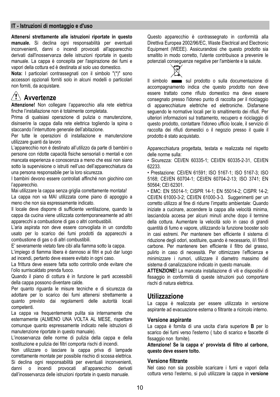 Avvertenze, Utilizzazione | ELICA SPACE User Manual | Page 10 / 136