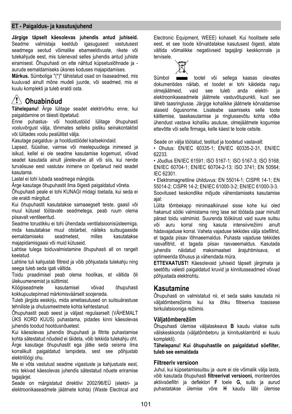 Ohuabinõud, Kasutamine | ELICA SPACE User Manual | Page 101 / 136