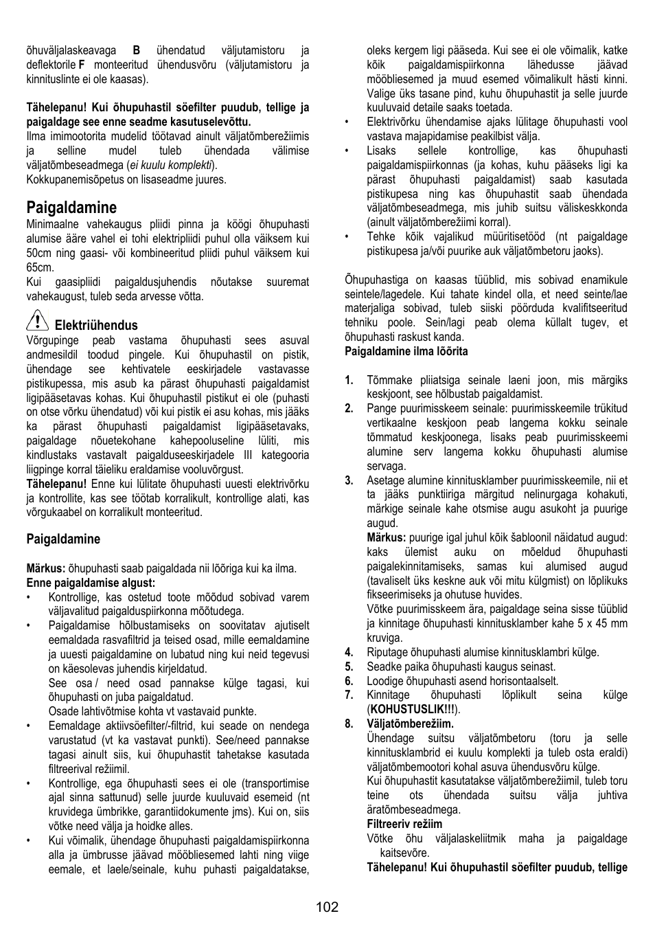 Paigaldamine | ELICA SPACE User Manual | Page 102 / 136