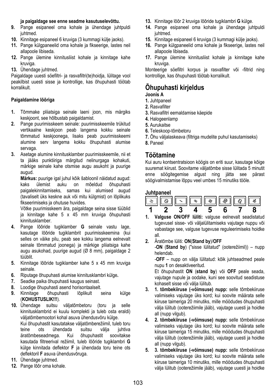 Õhupuhasti kirjeldus, Töötamine | ELICA SPACE User Manual | Page 103 / 136