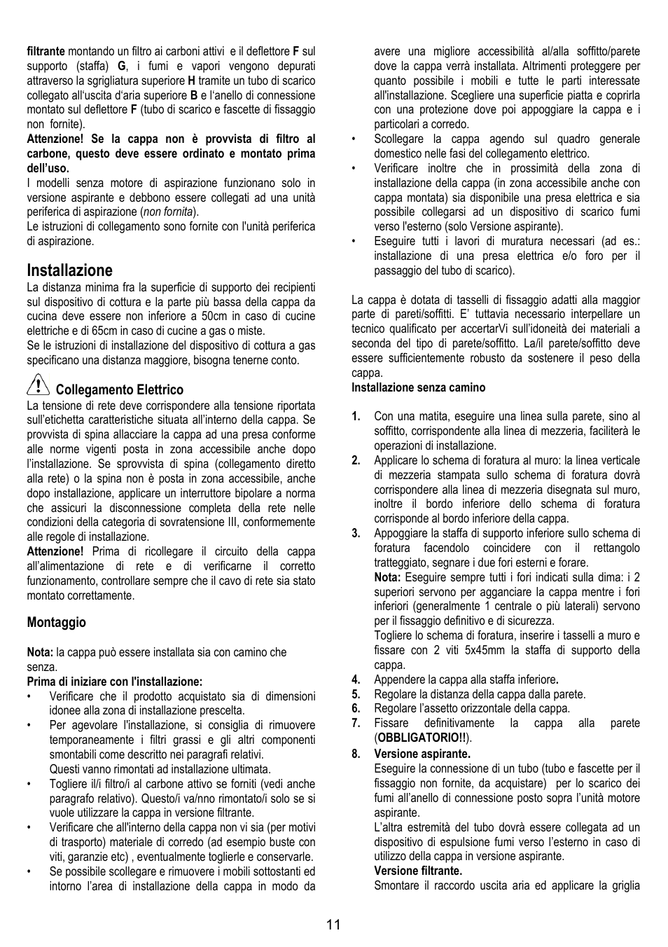 Installazione | ELICA SPACE User Manual | Page 11 / 136