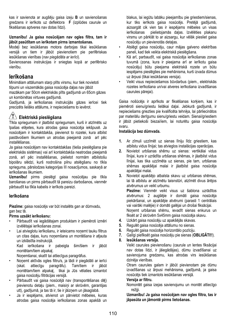 Ierīkošana | ELICA SPACE User Manual | Page 110 / 136