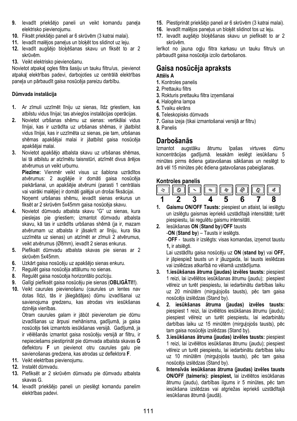 Gaisa nosūcēja apraksts, Darbošanās | ELICA SPACE User Manual | Page 111 / 136