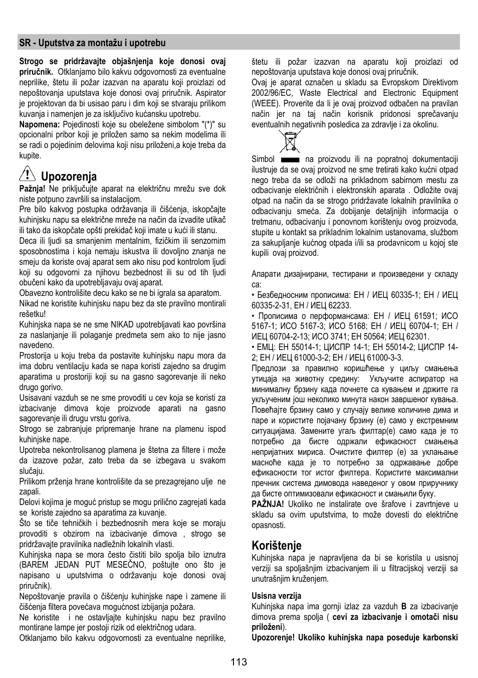 Upozorenja, Korištenje | ELICA SPACE User Manual | Page 113 / 136