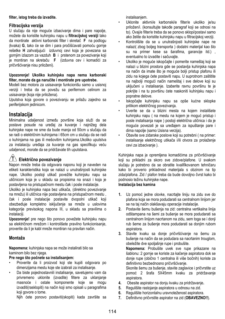 Instalacija | ELICA SPACE User Manual | Page 114 / 136