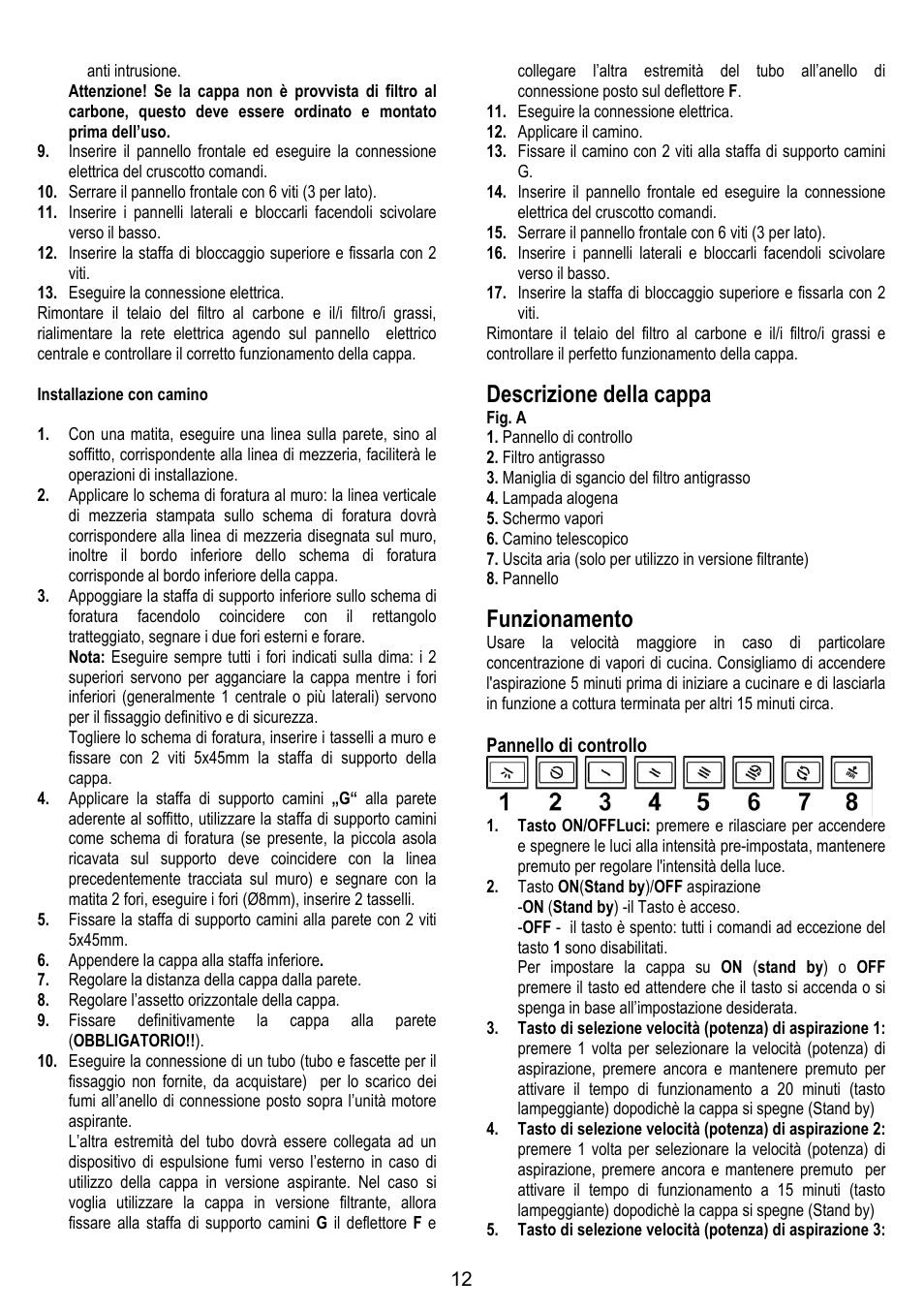 Descrizione della cappa, Funzionamento | ELICA SPACE User Manual | Page 12 / 136