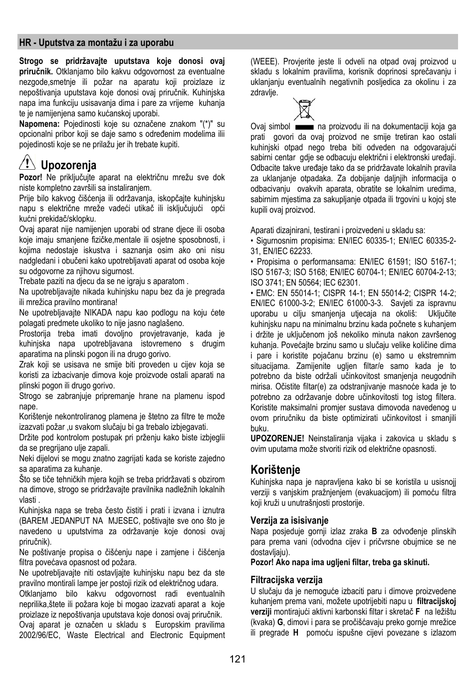 Upozorenja, Korištenje | ELICA SPACE User Manual | Page 121 / 136