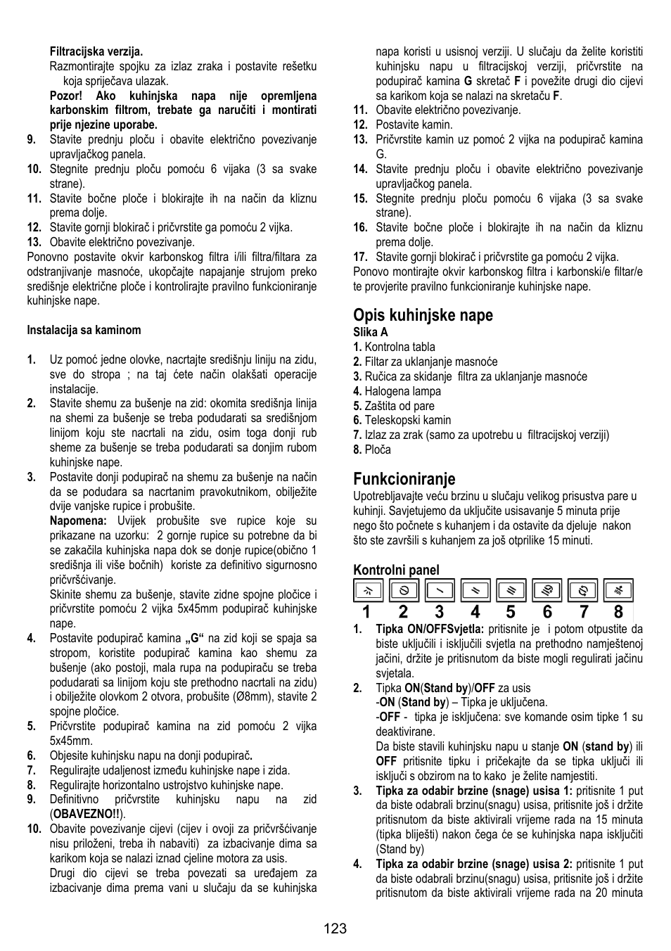 Opis kuhinjske nape, Funkcioniranje | ELICA SPACE User Manual | Page 123 / 136