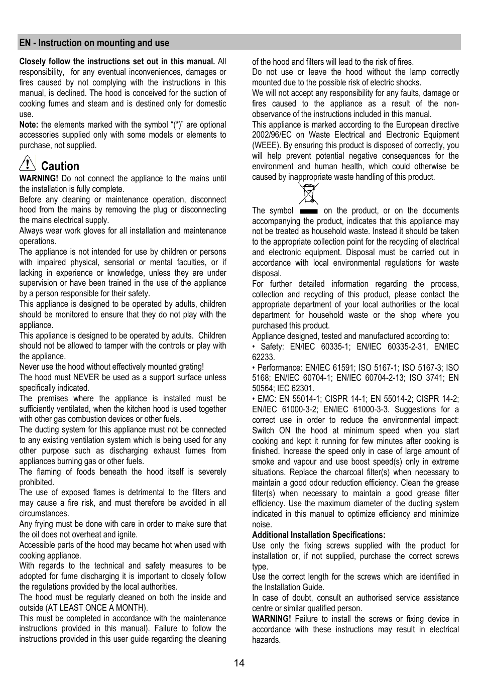 Caution, En - instruction on mounting and use | ELICA SPACE User Manual | Page 14 / 136