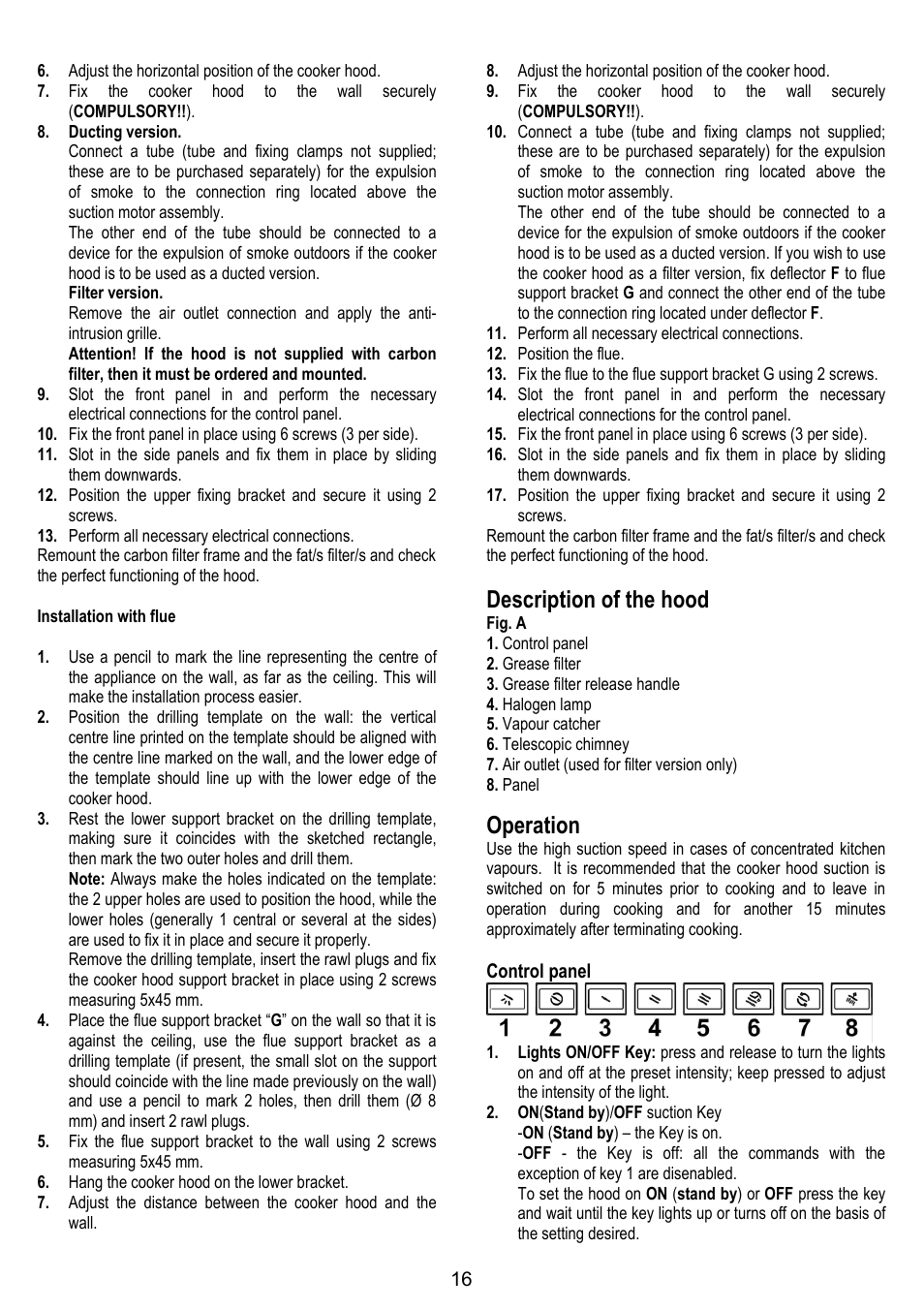 Description of the hood, Operation | ELICA SPACE User Manual | Page 16 / 136