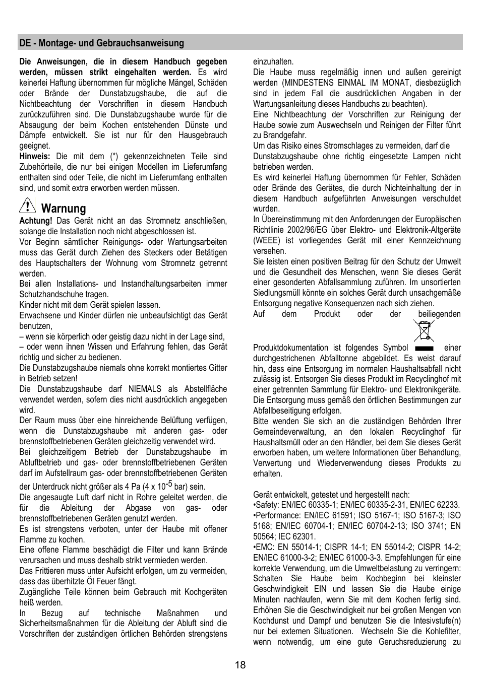 Warnung | ELICA SPACE User Manual | Page 18 / 136