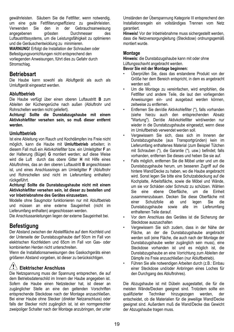 Betriebsart, Befestigung | ELICA SPACE User Manual | Page 19 / 136