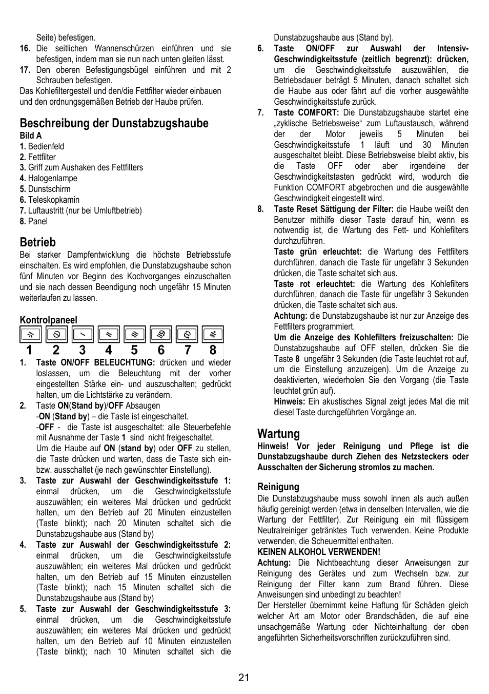 Beschreibung der dunstabzugshaube, Betrieb, Wartung | ELICA SPACE User Manual | Page 21 / 136