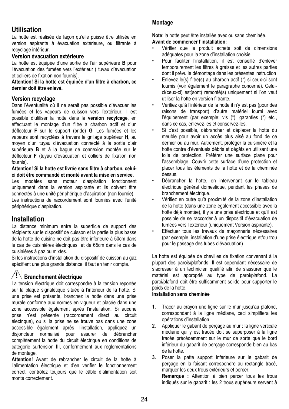 Utilisation, Installation | ELICA SPACE User Manual | Page 24 / 136