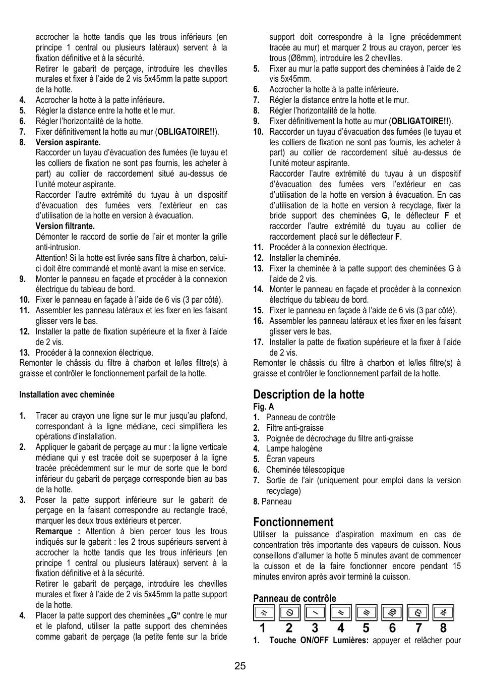 Description de la hotte, Fonctionnement | ELICA SPACE User Manual | Page 25 / 136