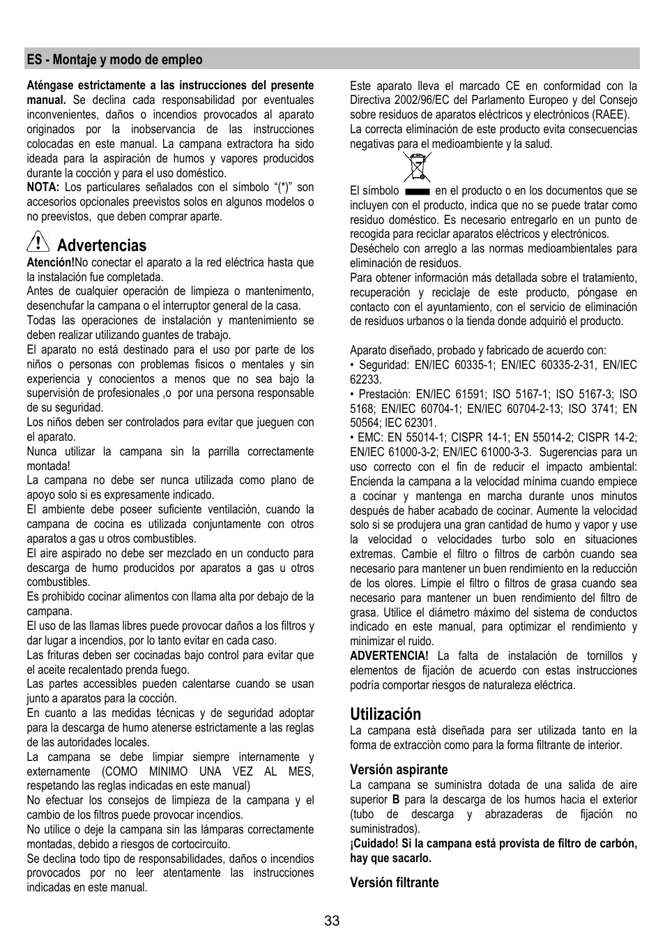 Advertencias, Utilización | ELICA SPACE User Manual | Page 33 / 136