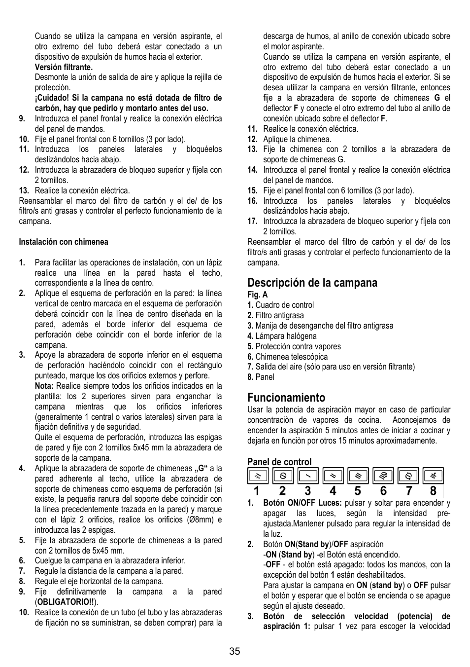 Descripción de la campana, Funcionamiento | ELICA SPACE User Manual | Page 35 / 136