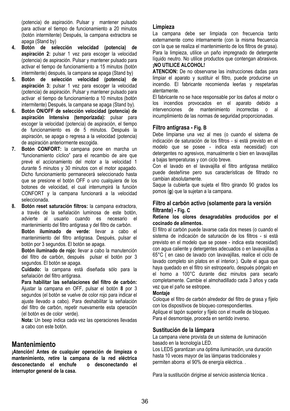 Mantenimiento | ELICA SPACE User Manual | Page 36 / 136