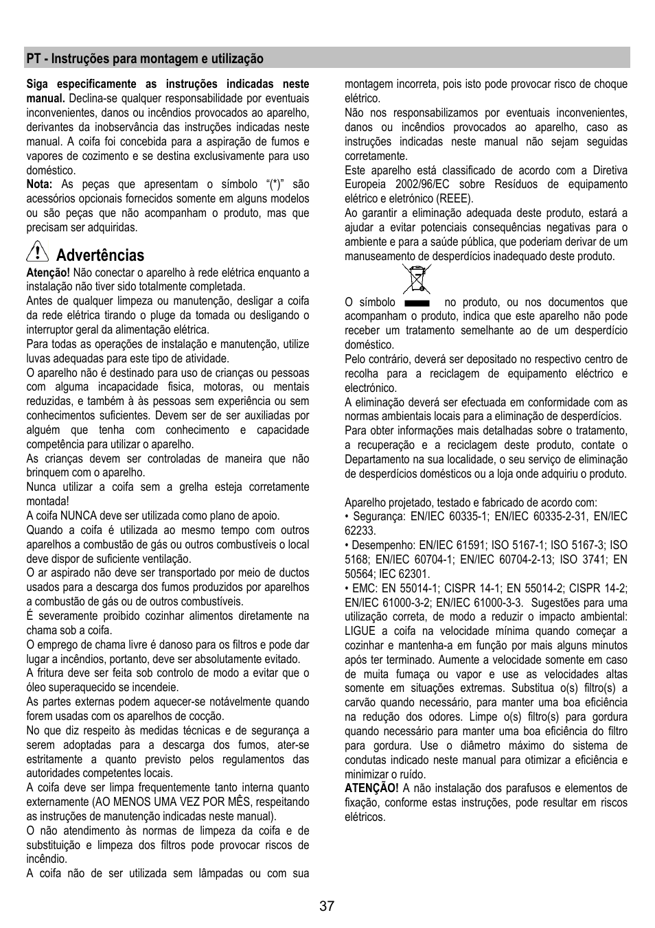 Advertências, Pt - instruções para montagem e utilização | ELICA SPACE User Manual | Page 37 / 136