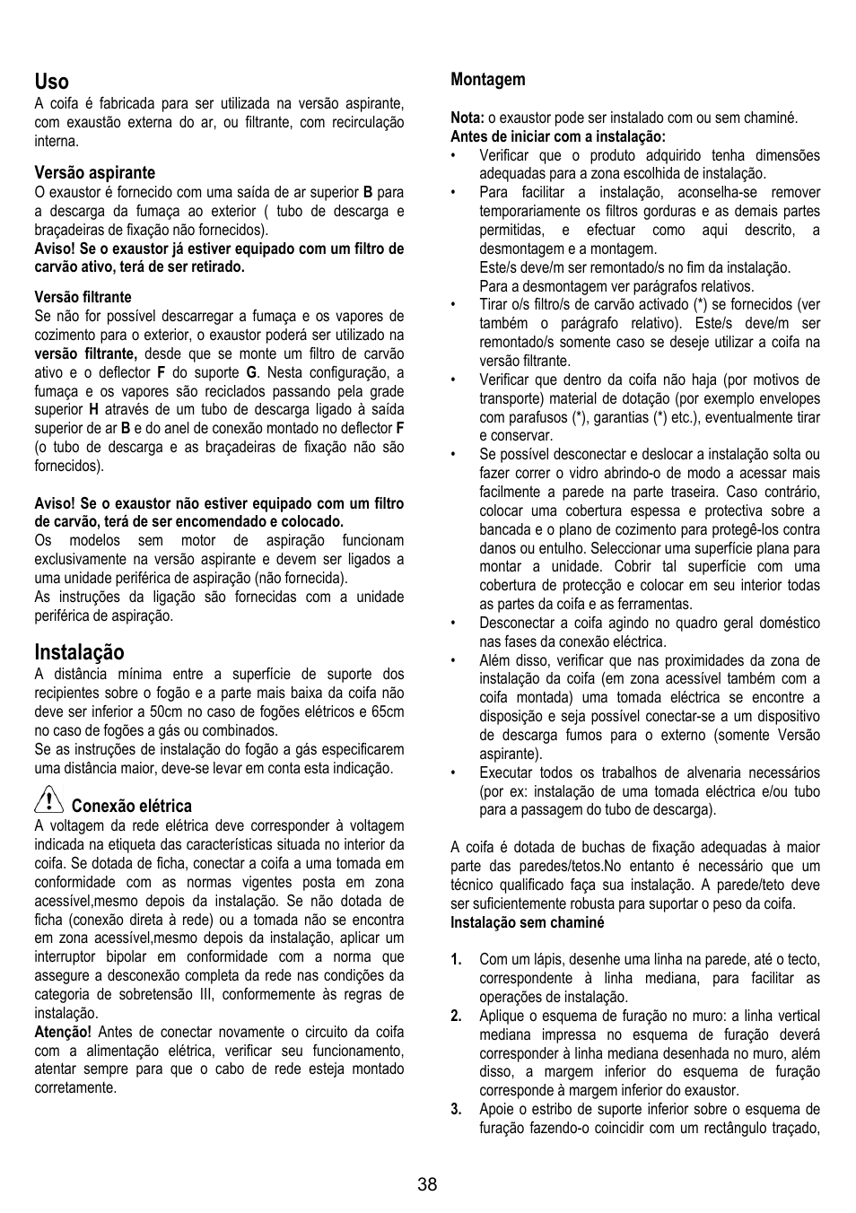 Instalação | ELICA SPACE User Manual | Page 38 / 136