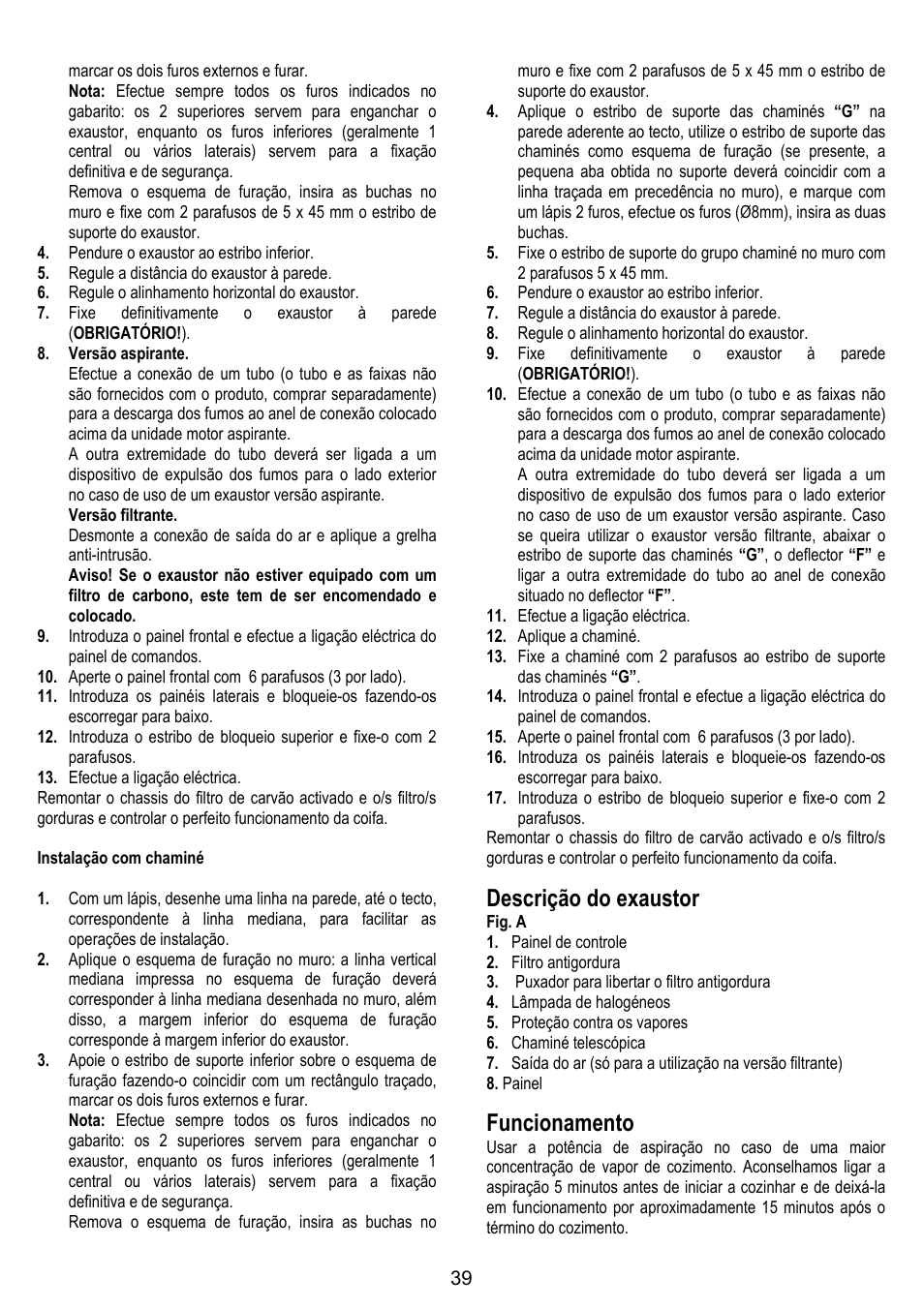 Descrição do exaustor, Funcionamento | ELICA SPACE User Manual | Page 39 / 136