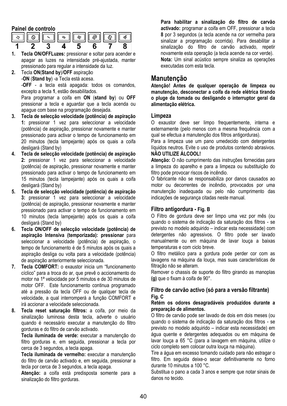 Manutenção | ELICA SPACE User Manual | Page 40 / 136