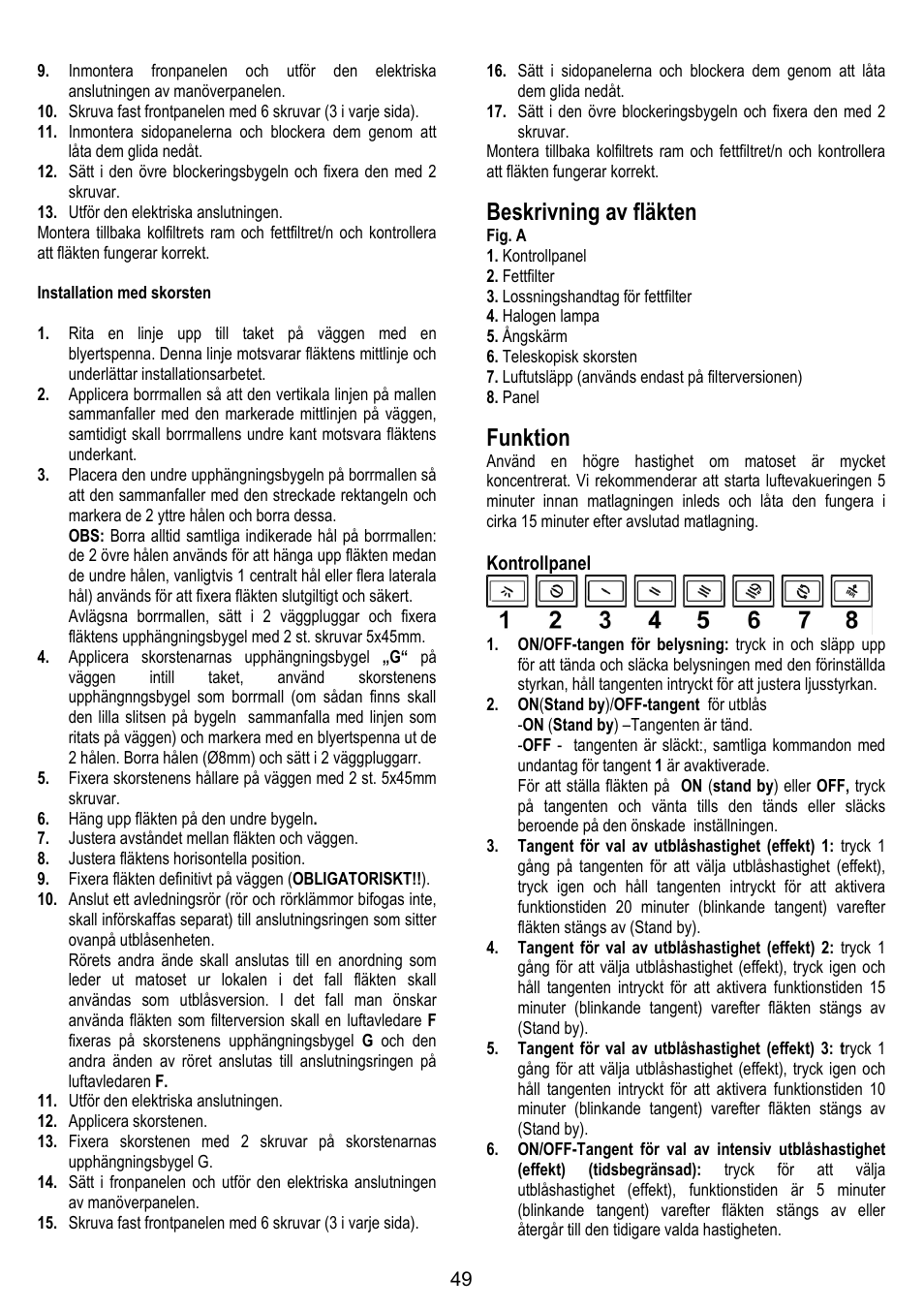 Beskrivning av fläkten, Funktion | ELICA SPACE User Manual | Page 49 / 136