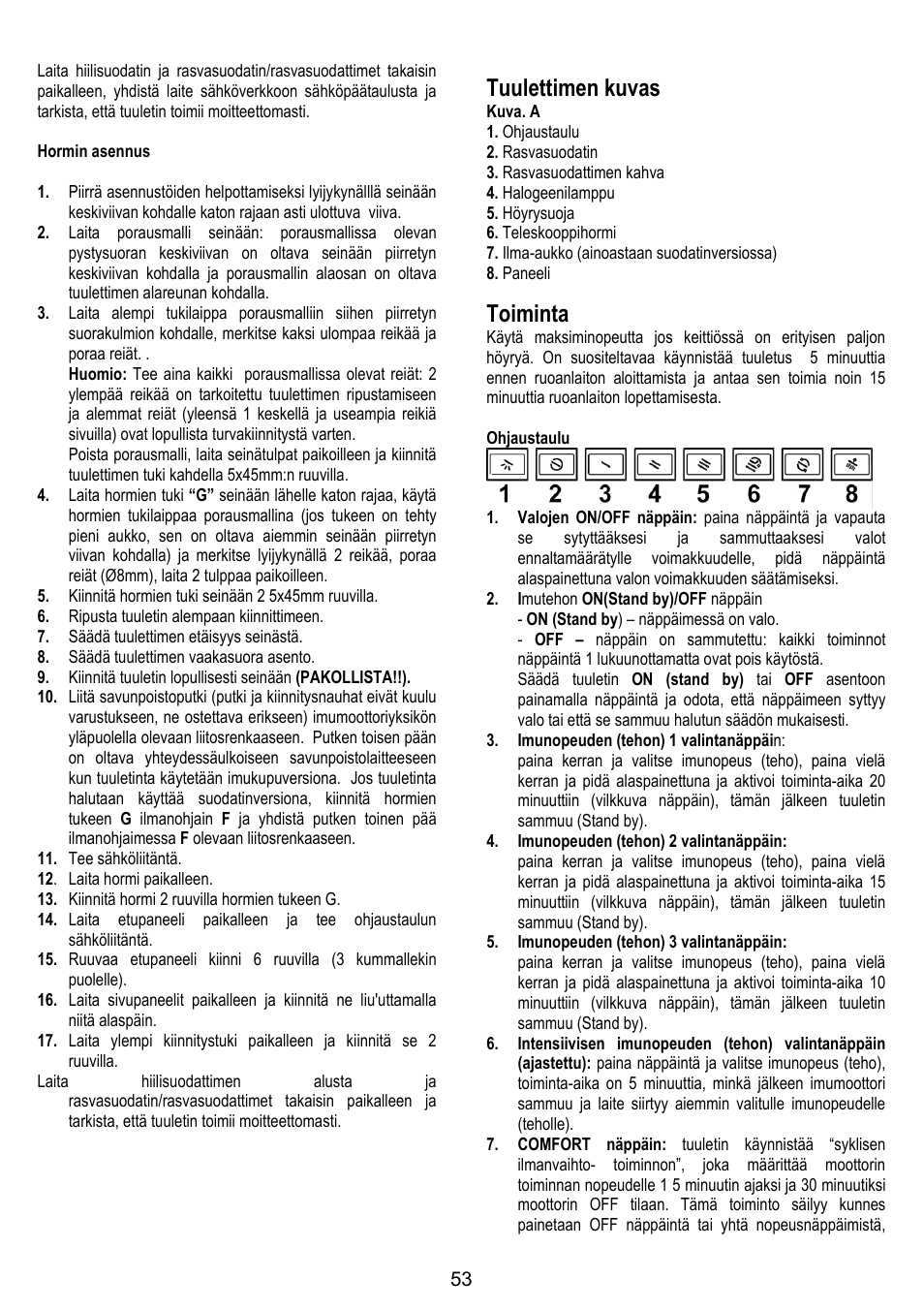 Tuulettimen kuvas, Toiminta | ELICA SPACE User Manual | Page 53 / 136