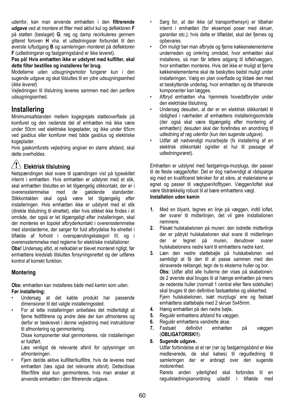 Installering | ELICA SPACE User Manual | Page 60 / 136