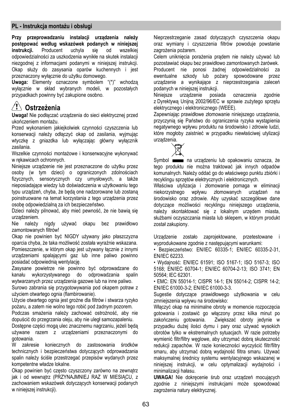 Ostrzeżenia, Pl - instrukcja montażu i obsługi | ELICA SPACE User Manual | Page 63 / 136