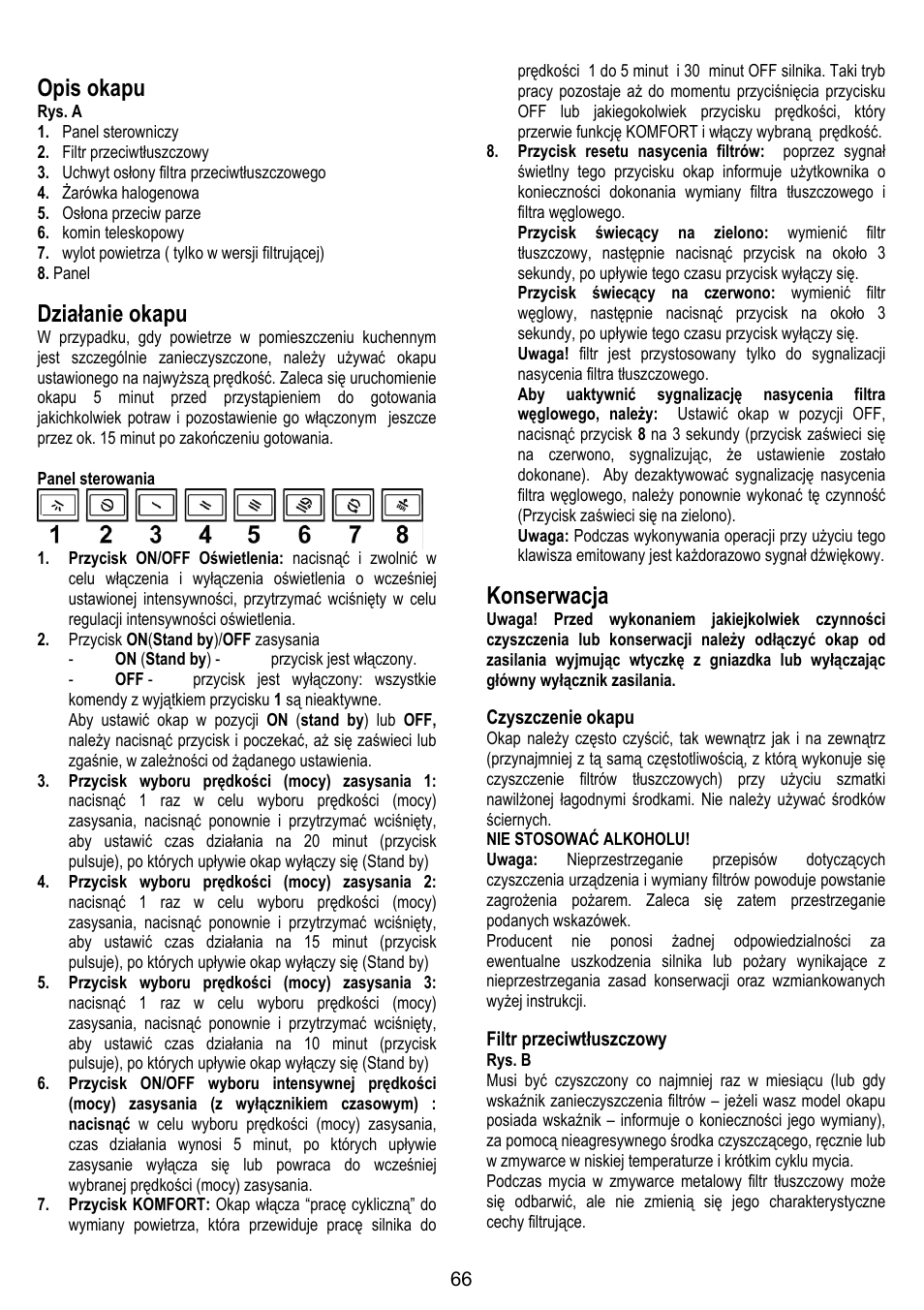 Opis okapu, Działanie okapu, Konserwacja | ELICA SPACE User Manual | Page 66 / 136