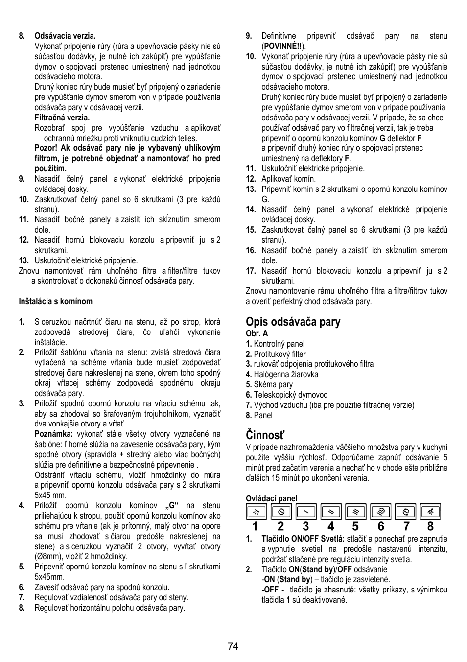 Opis odsávača pary, Činnosť | ELICA SPACE User Manual | Page 74 / 136