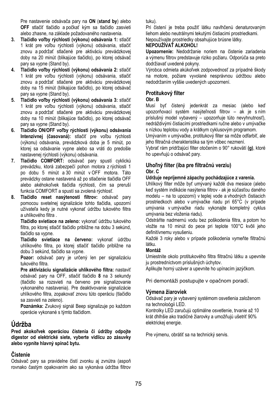 Údržba | ELICA SPACE User Manual | Page 75 / 136