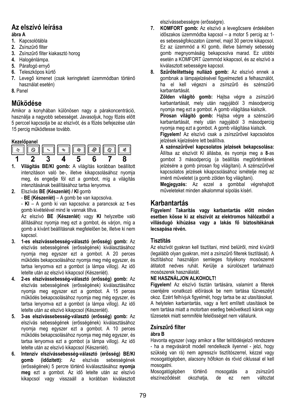 Az elszívó leírása, Működése, Karbantartás | ELICA SPACE User Manual | Page 79 / 136