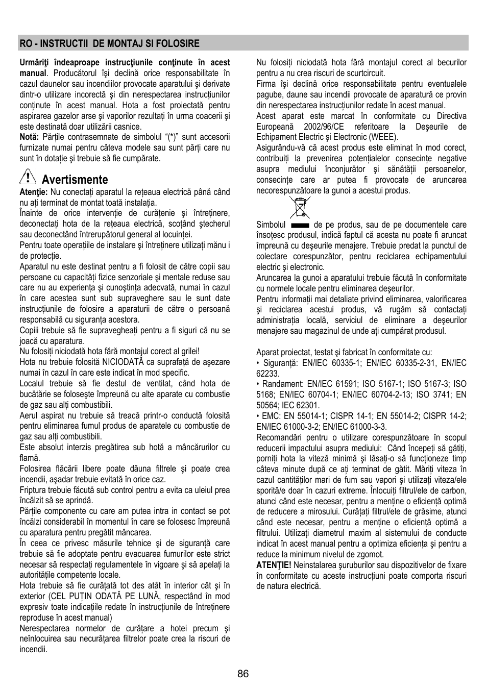 Avertismente, Ro - instructii de montaj si folosire | ELICA SPACE User Manual | Page 86 / 136