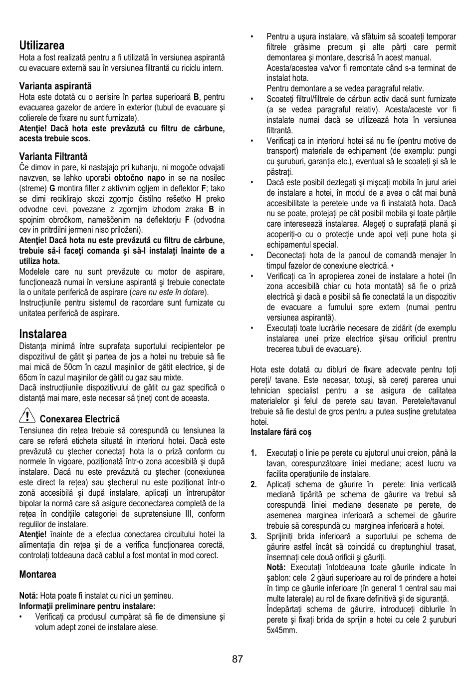 Utilizarea, Instalarea | ELICA SPACE User Manual | Page 87 / 136