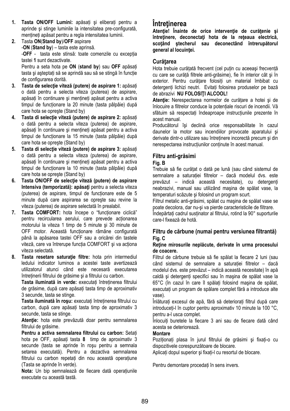 Întreţinerea | ELICA SPACE User Manual | Page 89 / 136