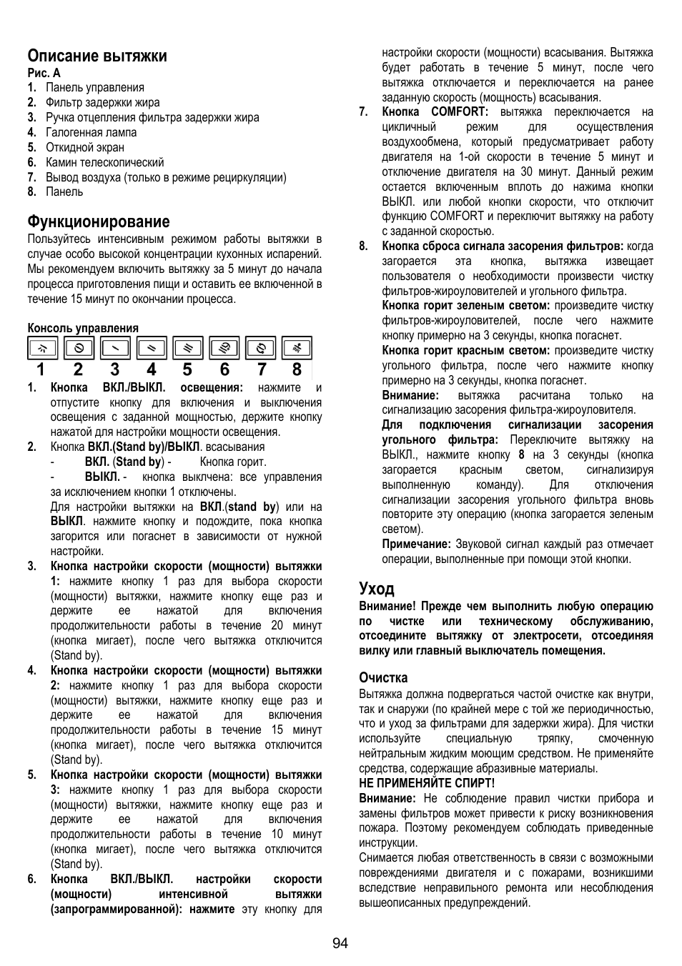 Описание вытяжки, Функционирование, Уход | ELICA SPACE User Manual | Page 94 / 136