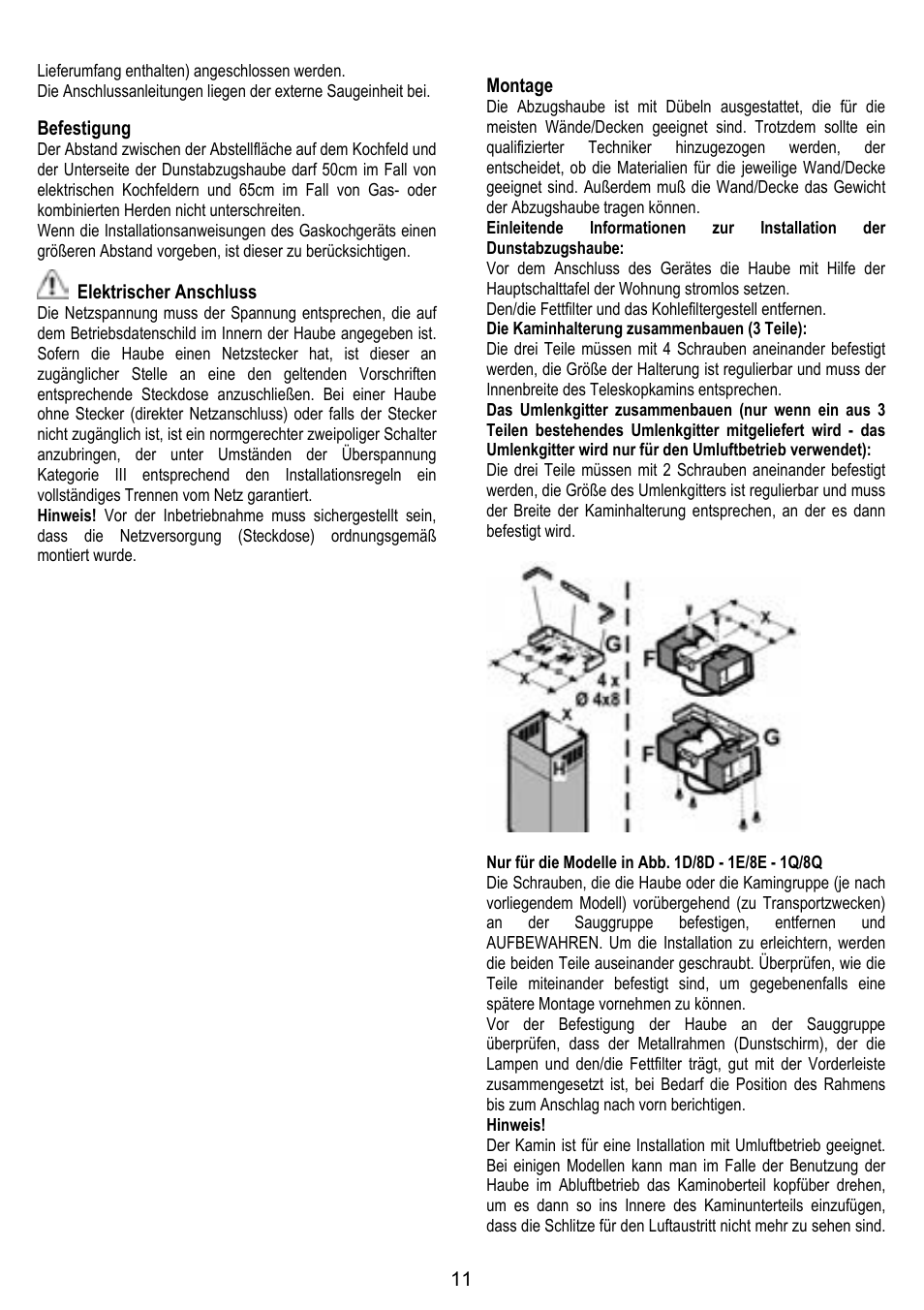 Befestigung, Elektrischer anschluss, Montage | ELICA STENAR User Manual | Page 11 / 132