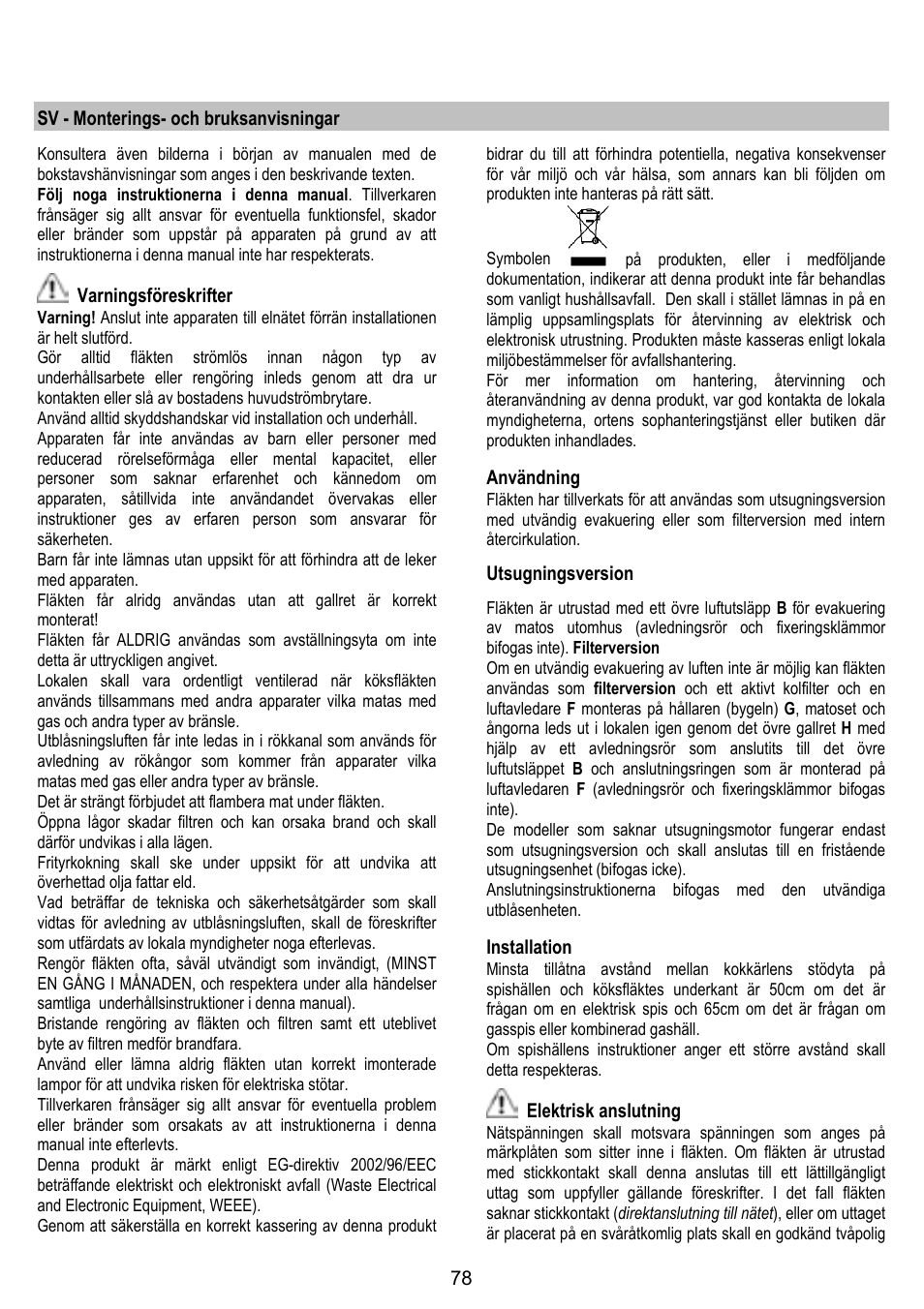 Sv - monterings- och bruksanvisningar, Varningsföreskrifter, Användning | Utsugningsversion, Installation, Elektrisk anslutning | ELICA STENAR User Manual | Page 78 / 132