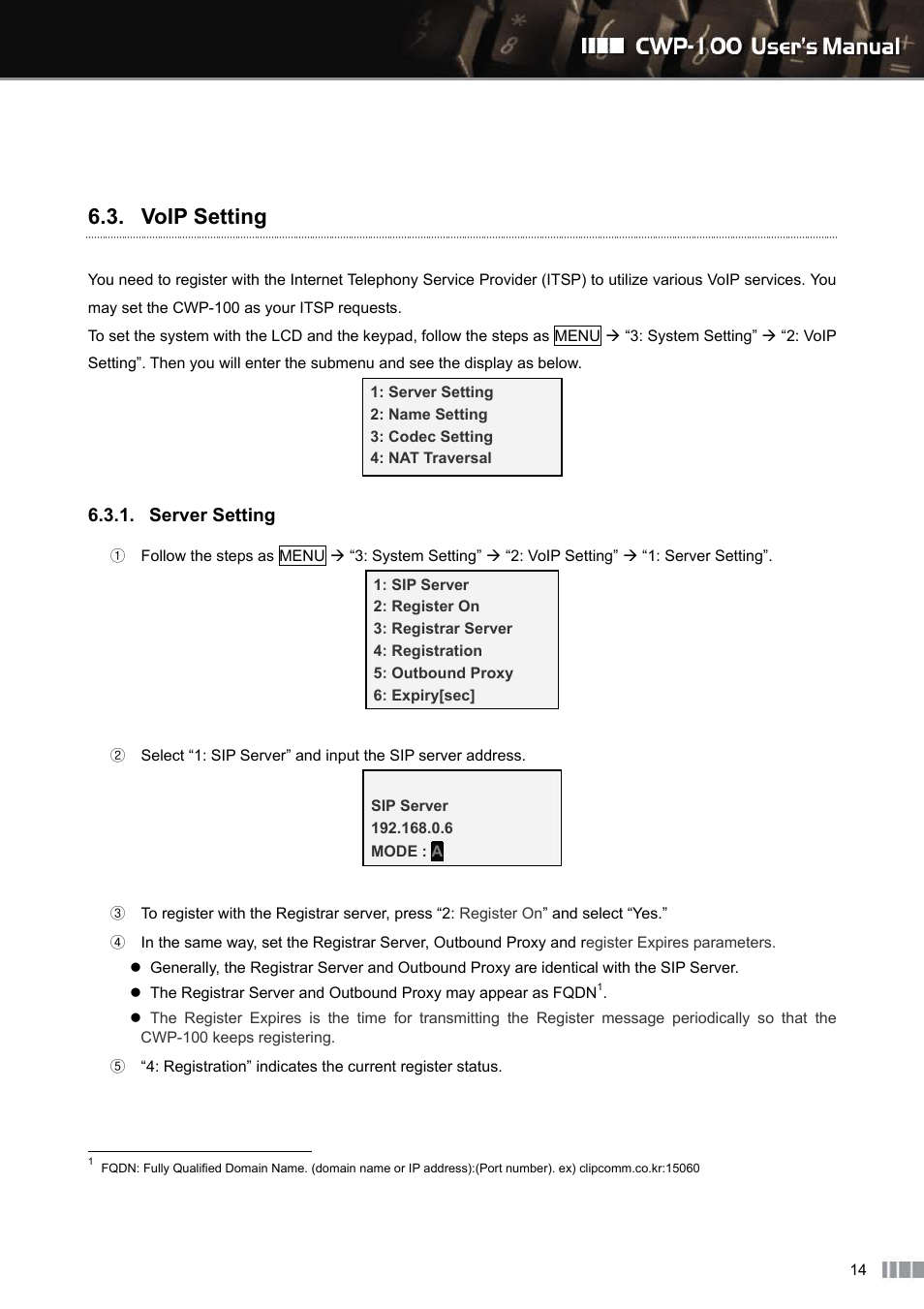 Voip setting | Clipcomm CWP-100 User Manual | Page 15 / 41