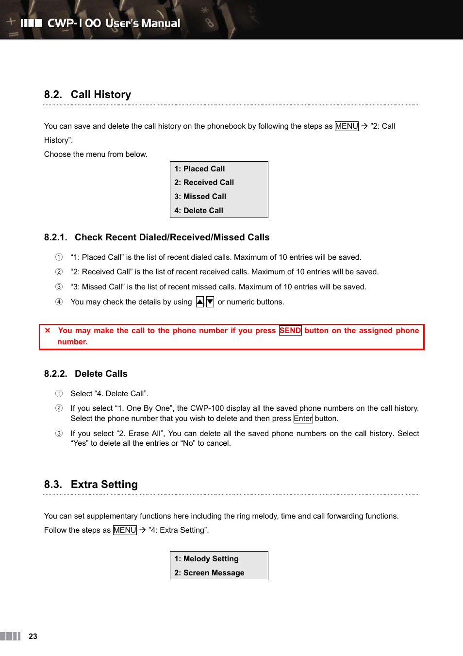 Call history, Extra setting | Clipcomm CWP-100 User Manual | Page 24 / 41