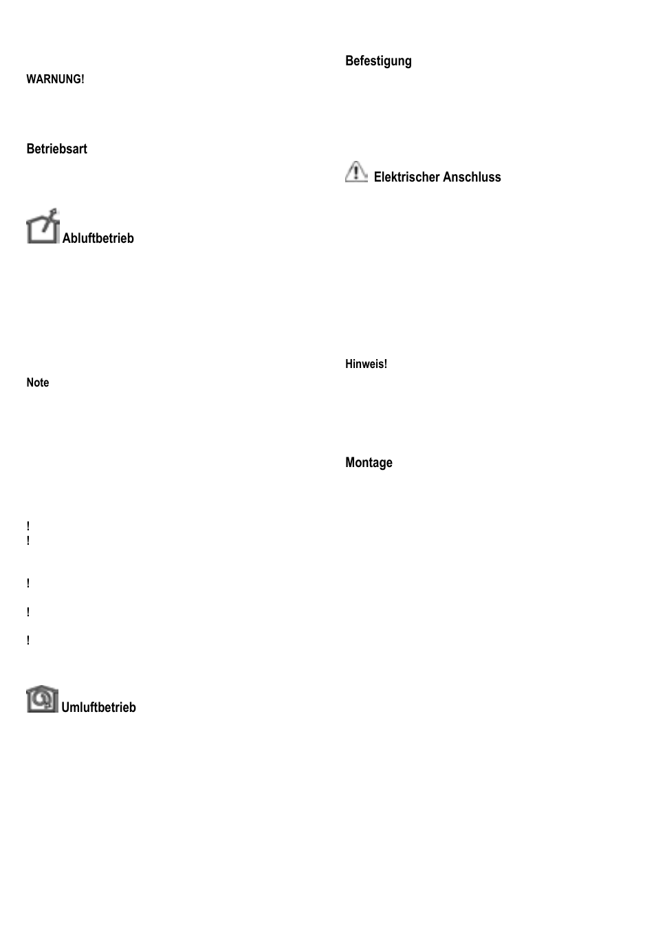 Betriebsart, Abluftbetrieb, Umluftbetrieb | Befestigung, Elektrischer anschluss, Montage | ELICA SWEET User Manual | Page 20 / 112