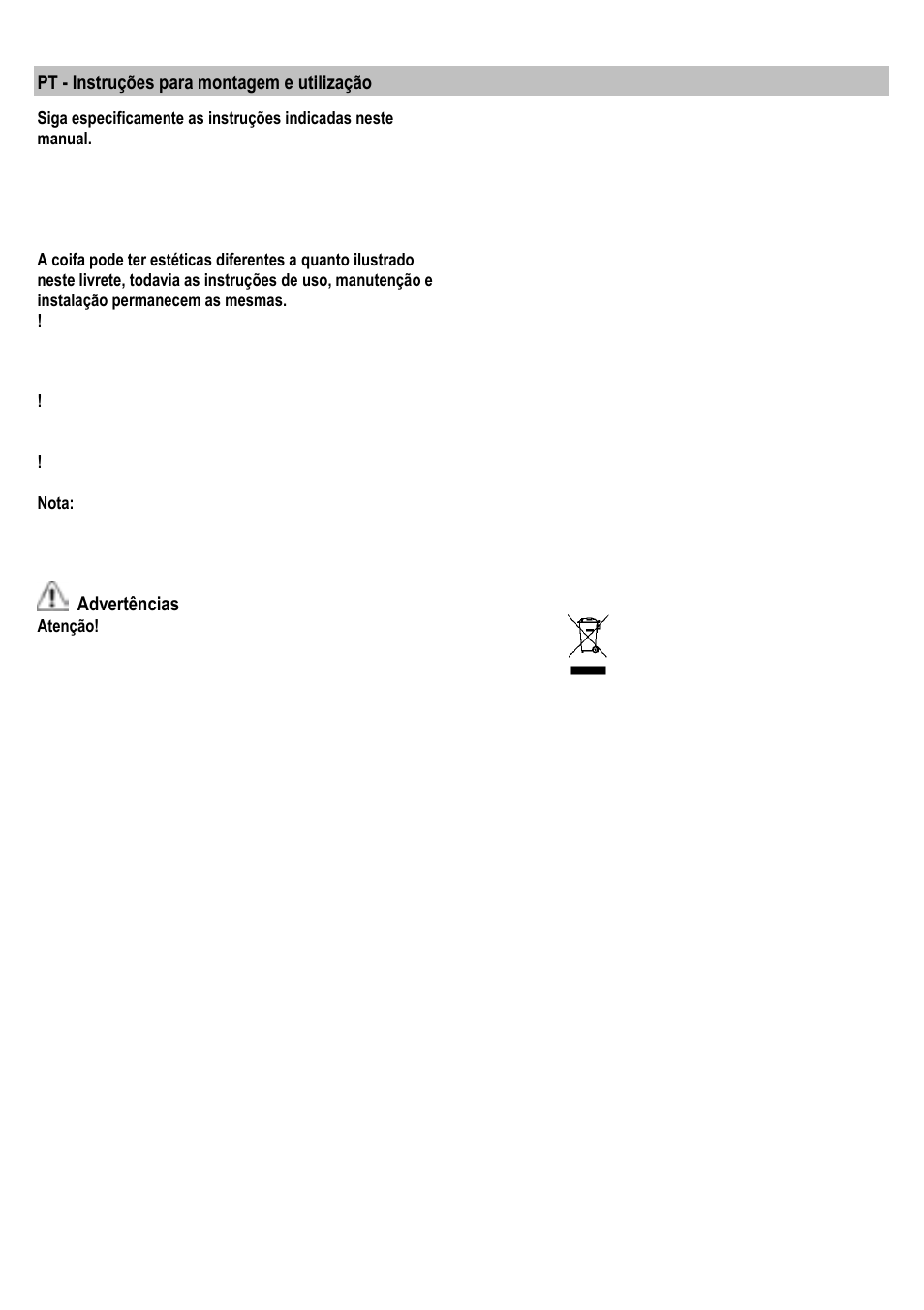 Pt - instruções para montagem e utilização, Advertências | ELICA SWEET User Manual | Page 35 / 112