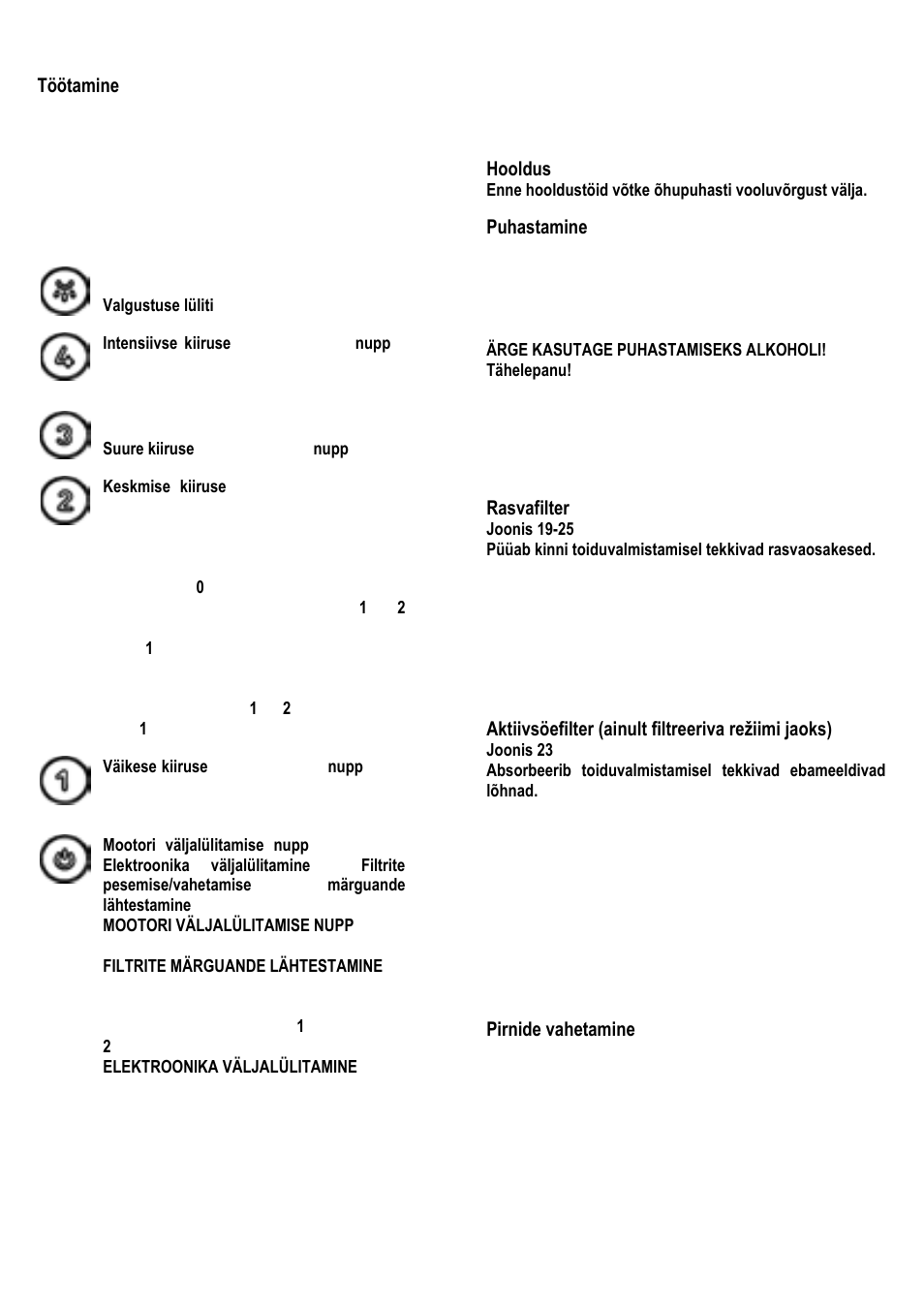 87 töötamine, Hooldus, Puhastamine | Rasvafilter, Aktiivsöefilter (ainult filtreeriva režiimi jaoks), Pirnide vahetamine | ELICA SWEET User Manual | Page 87 / 112