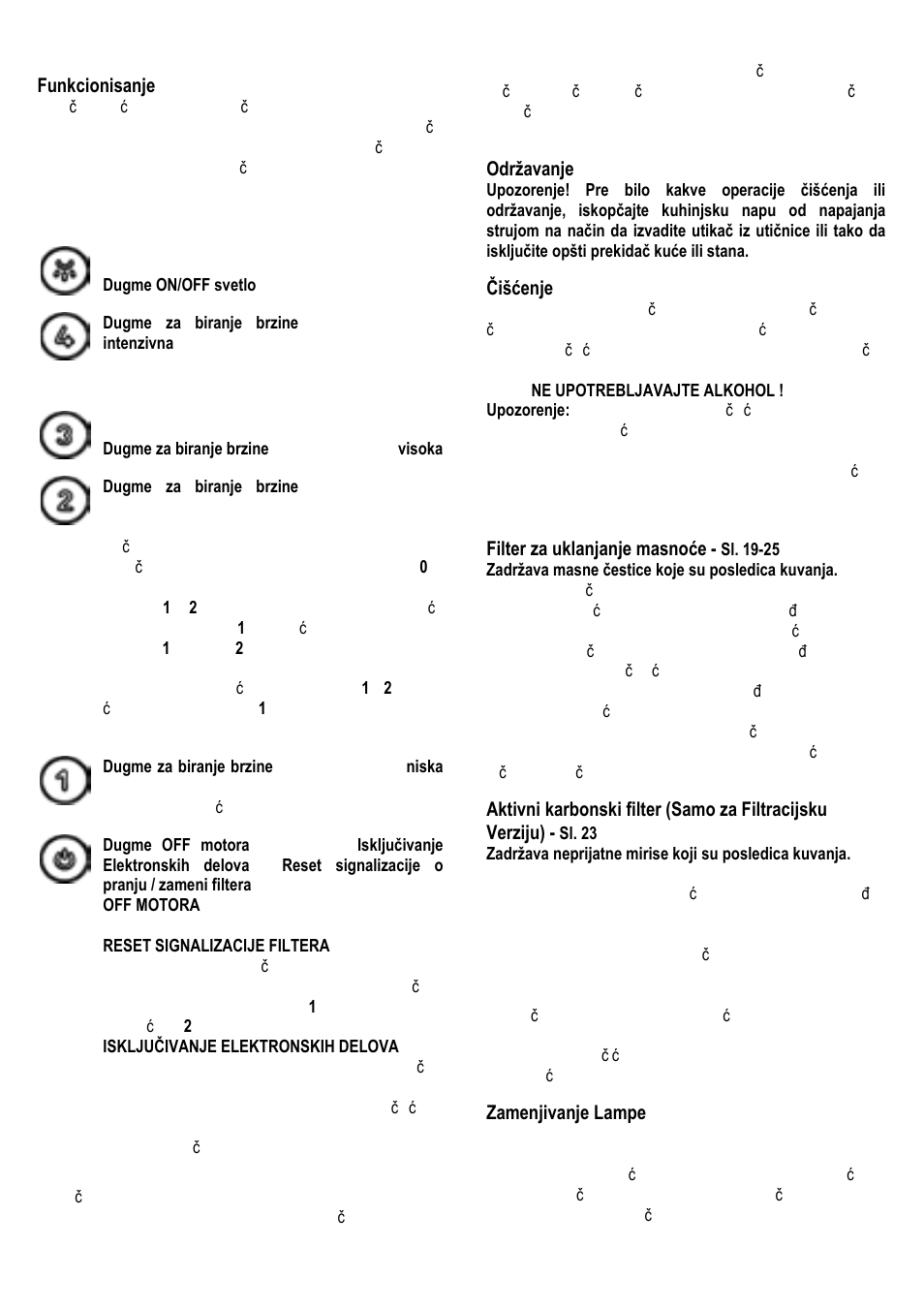 96 funkcionisanje, Održavanje, Čišćenje | Filter za uklanjanje masnoće, Zamenjivanje lampe | ELICA SWEET User Manual | Page 96 / 112