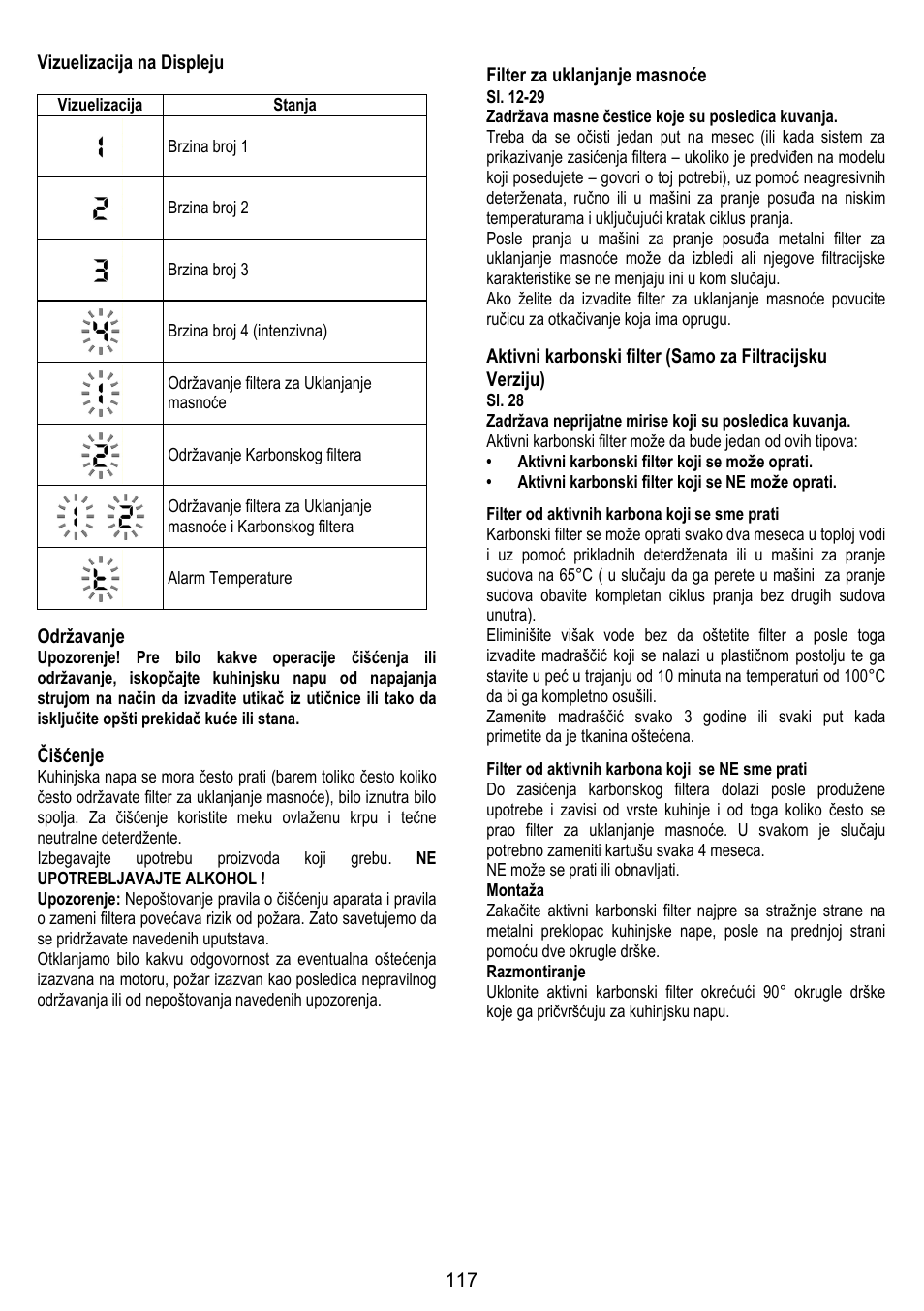 117 vizuelizacija na displeju, Održavanje, Čišćenje | Filter za uklanjanje masnoće | ELICA TRENDY User Manual | Page 117 / 140