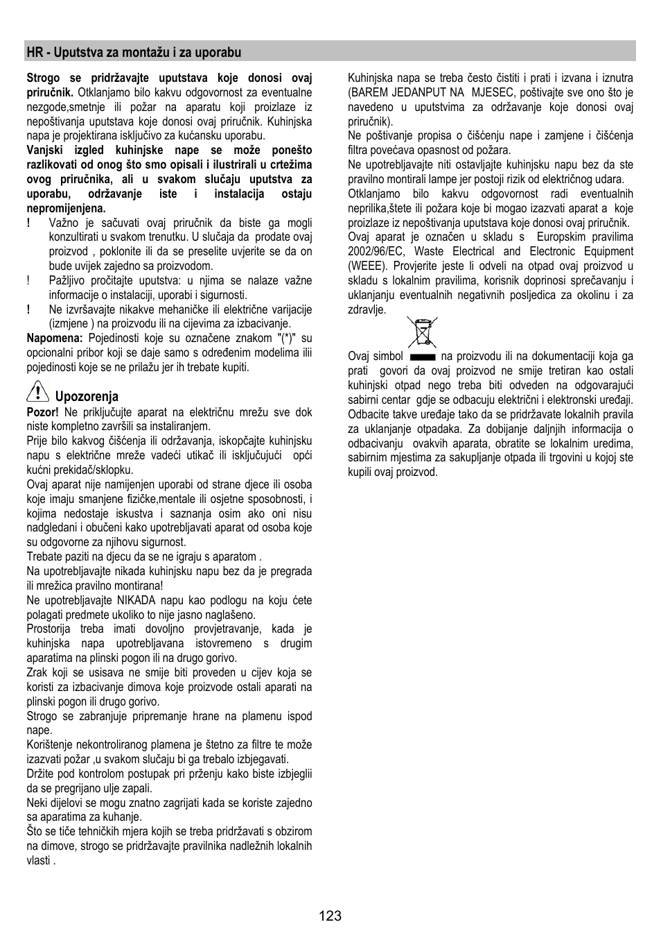 Hr - uputstva za montažu i za uporabu, Upozorenja | ELICA TRENDY User Manual | Page 123 / 140